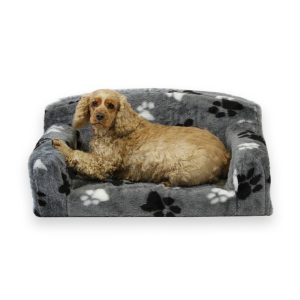 Grey faux fur paws sofa dog bed, traditional dog sofa with soft plush cushion for extra comfort.