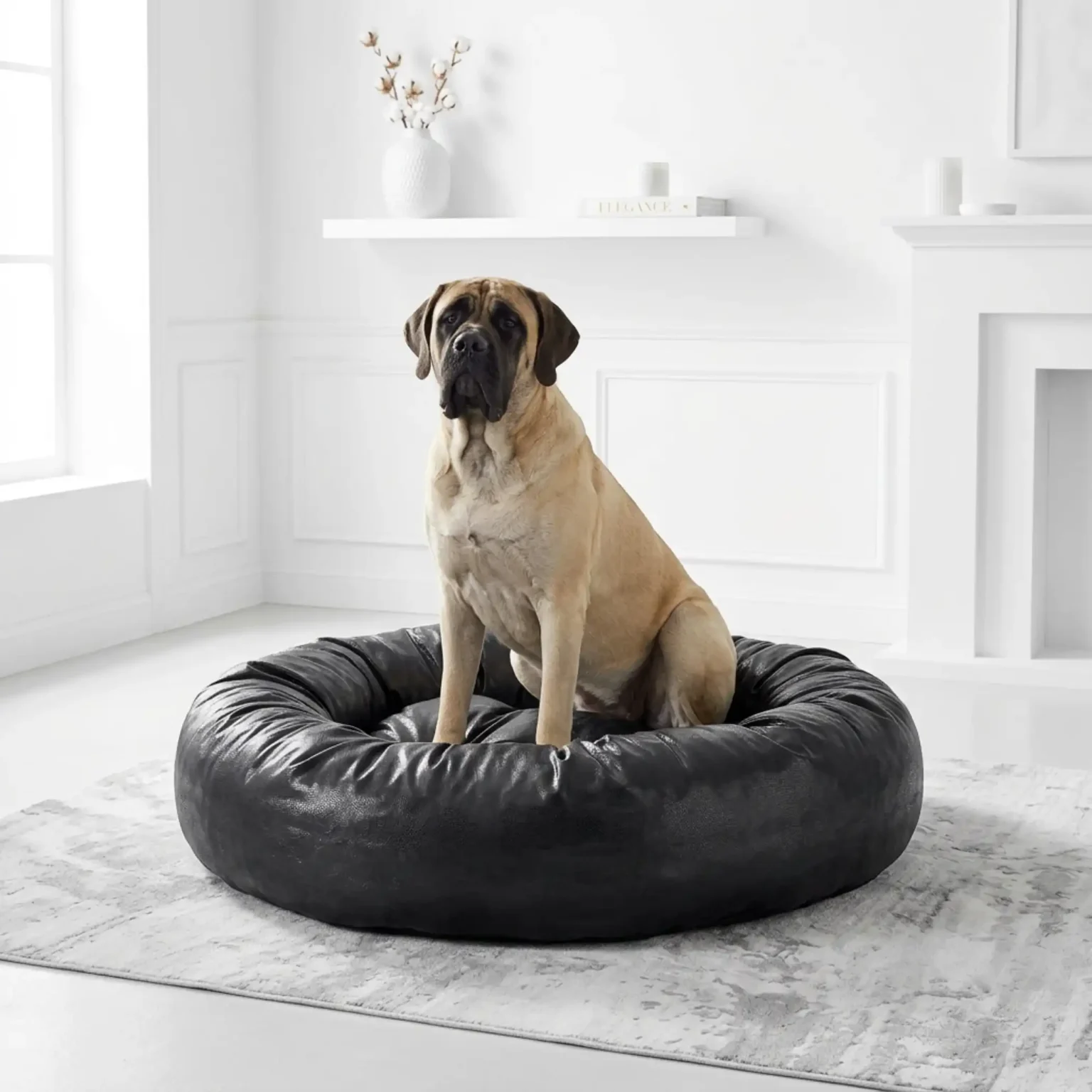 Deep filled large donut dog bed with raised sides for support.
