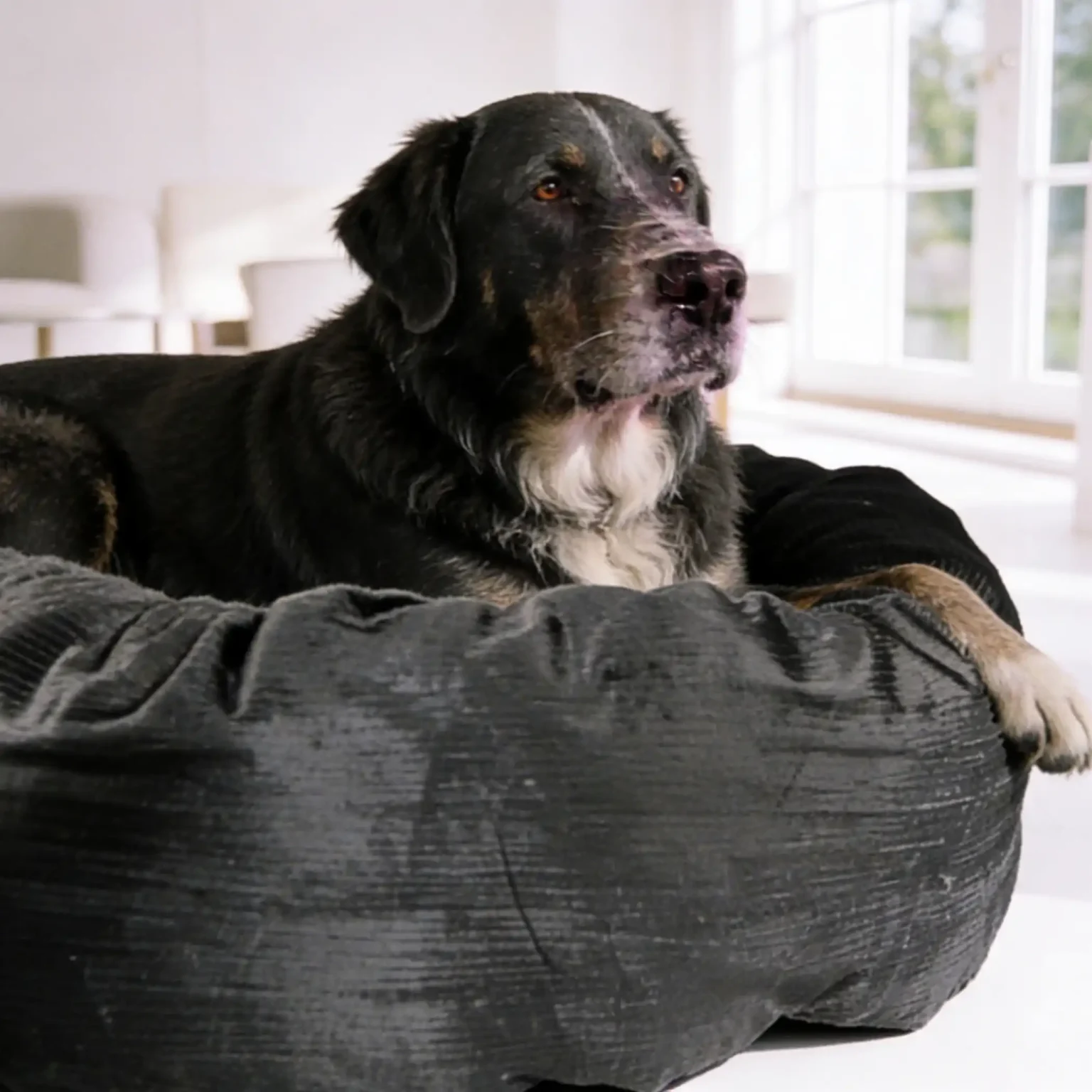 Donut dog bed with high sides acting as a natural pillow and headrest.