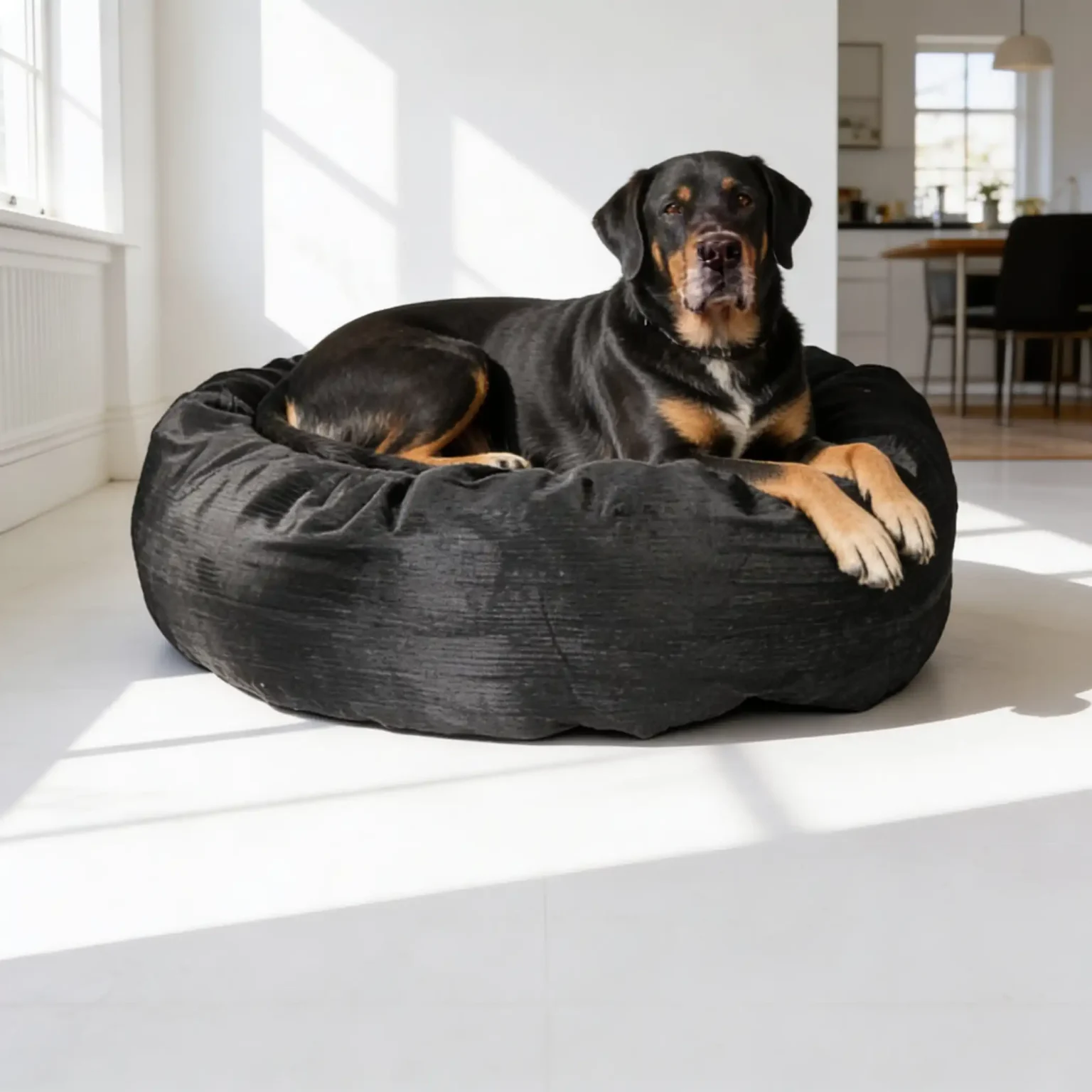 Mixed fibre filled donut bed that keeps its loft and shape over time