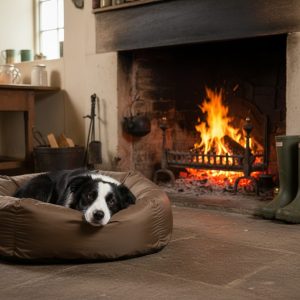 Blue waterproof calming donut dog bed, soft round waterproof dog bed, showerproof calming nest for outdoor, car and camping use