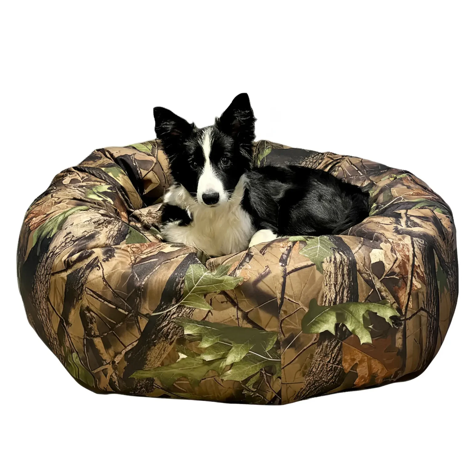 Forest “Dog Tired” print donut dog bed, calming round nest with bolsters