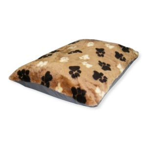 Brown fur paws cushion dog bed, soft rectangular dog cushion with paw‑print design.