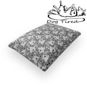 Grey Dog Tired cushion dog bed, soft rectangular dog cushion with Dog Tired print.