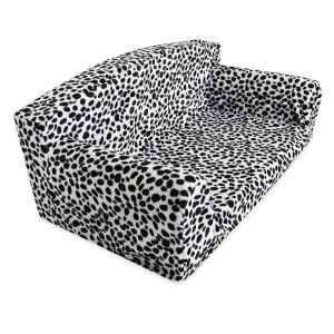 Dalmatian print sofa dog bed, angled view of soft cushion and high sides. 