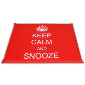 Red Keep Calm and Snooze flat dog mat, lightweight budget‑friendly printed pet mat.