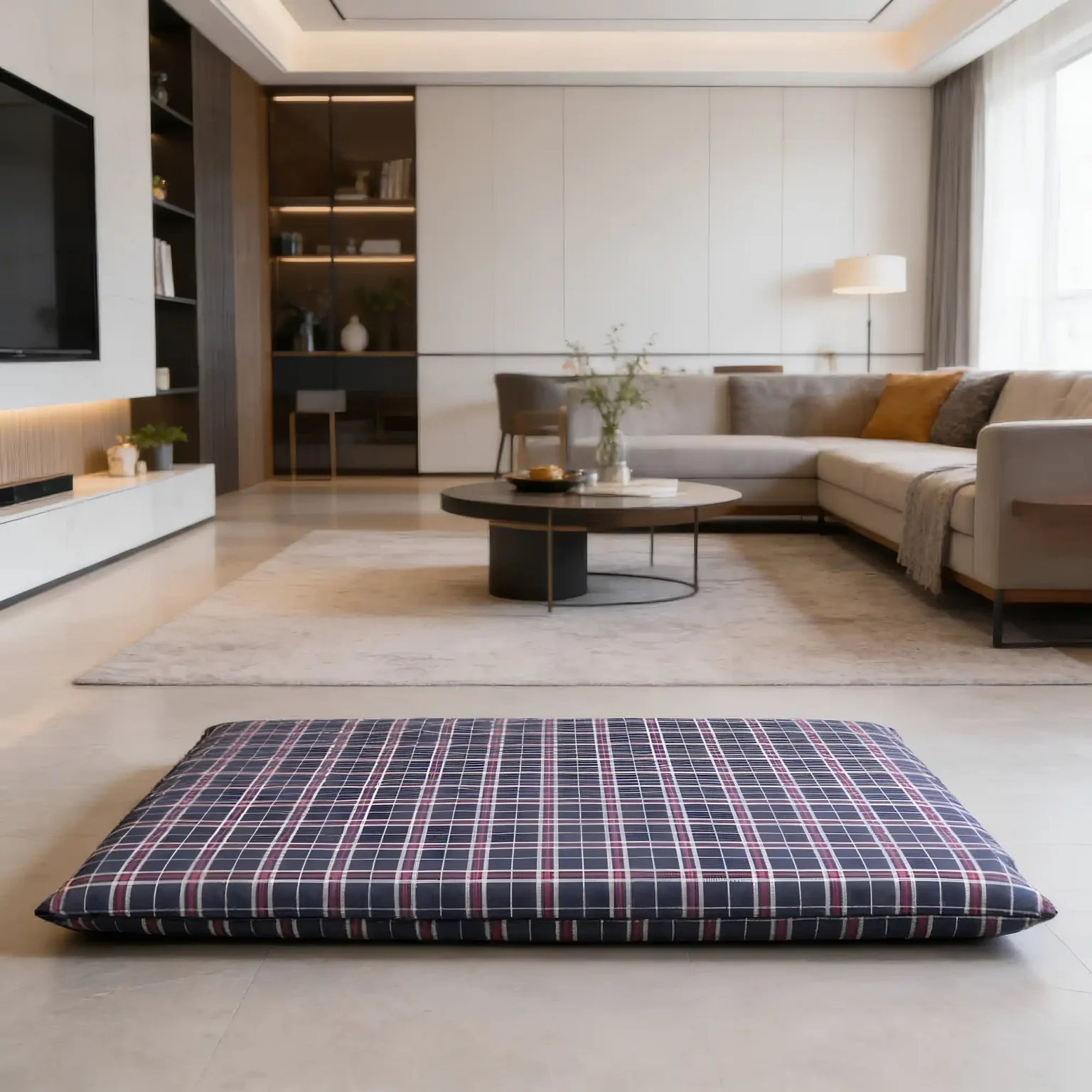 Tartan waterproof flat dog mat, stylish tartan water‑resistant dog bed, practical and easy to clean for everyday use