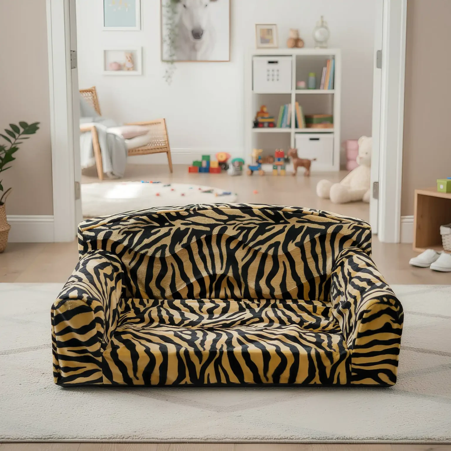 Animal print sofa dog bed, supportive cushioned dog sofa with soft base, great value everyday comfy bed for indoor use