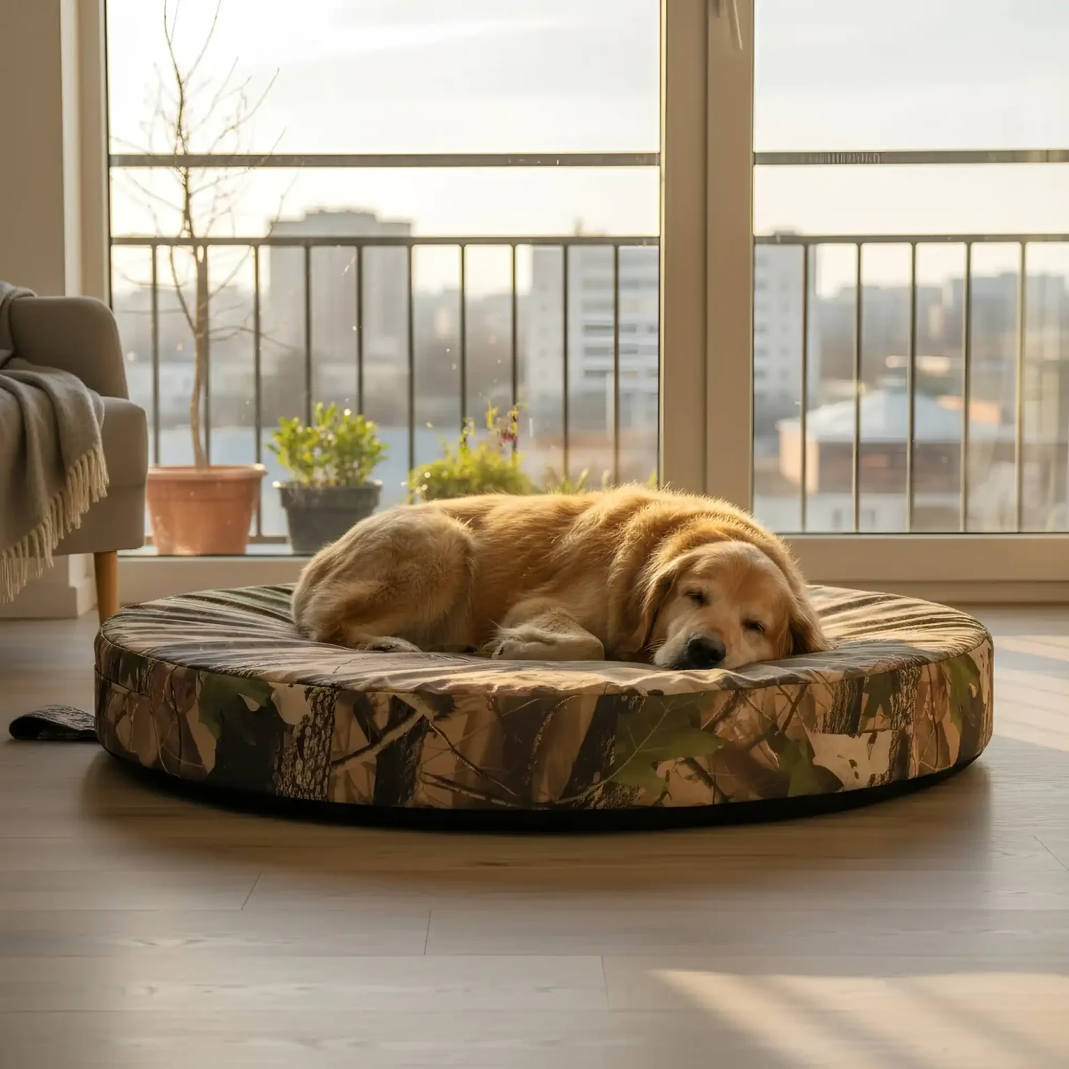 Round orthopedic dog bed with forest pattern