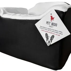 Black faux leather pet car safety seat, padded leather‑effect booster for dogs and cats, easy‑clean surface and strong straps