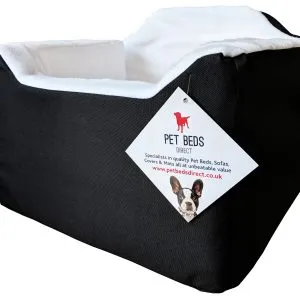 Black fabric pet car safety seat, cosy black booster box with padded sides, secure strap attachment for car seats