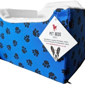 Blue paws pet car safety seat, fun paw‑print padded booster for dogs and cats, secure straps and removable liner