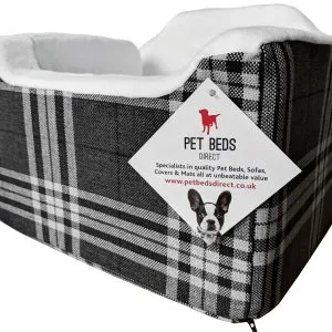Charcoal tartan pet car safety seat, cosy check design booster for dogs and cats, padded sides and strong strap attachments