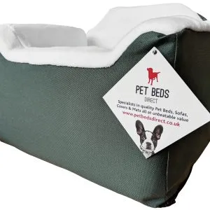 Green dog and cat car safety seat, bright green fabric booster with secure straps, easy‑wipe travel box for small pets in the car