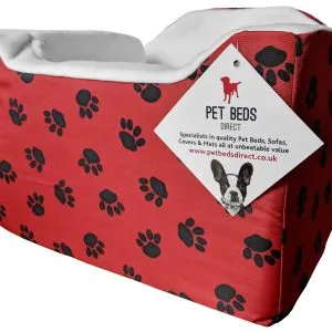 Red paws dog and cat car safety seat, fun paw‑print travel box with padded sides, secure easy‑clean booster for pets
